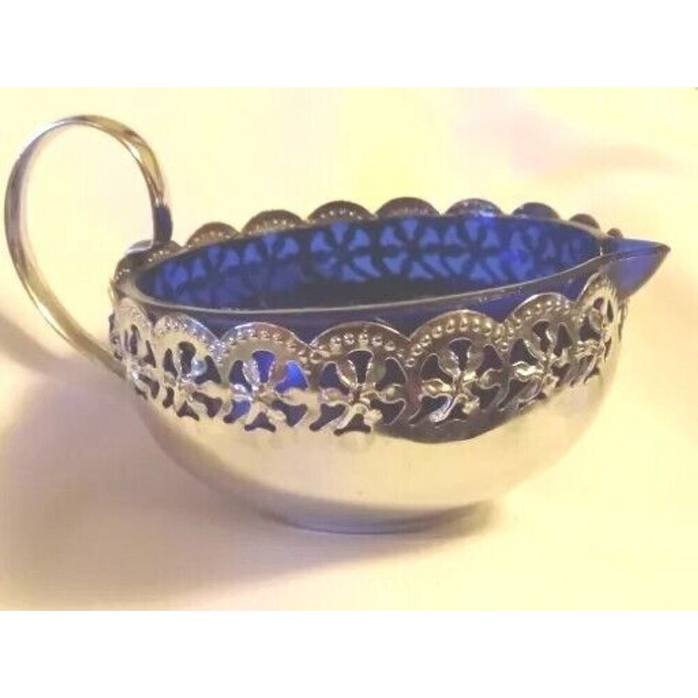 Vintage Cobalt Blue Glass Creamer Pitcher Silverplate Handle Made in England